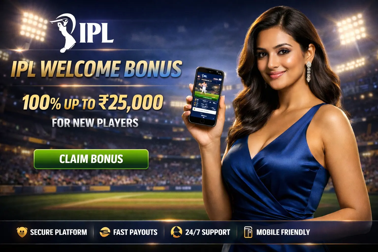 IPL cricket stadium under floodlights during a live T20 match — IPL betting guide hero image