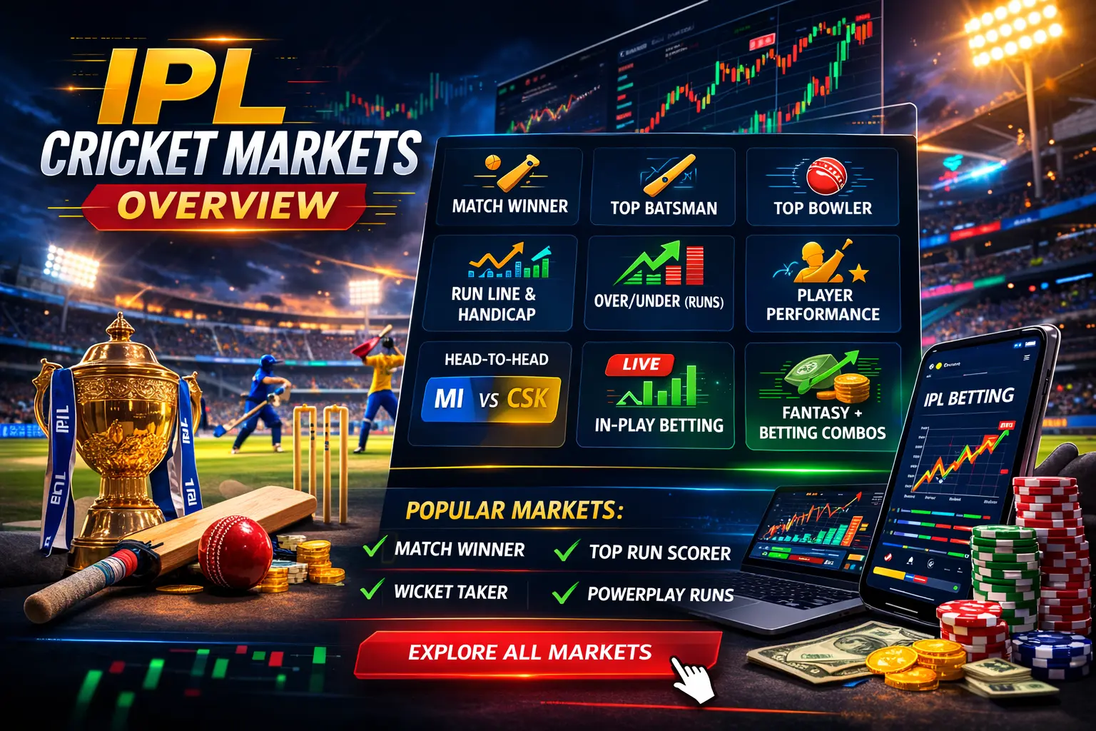 IPL betting markets overview — match winner, top batter, top bowler, wickets, team totals and player props