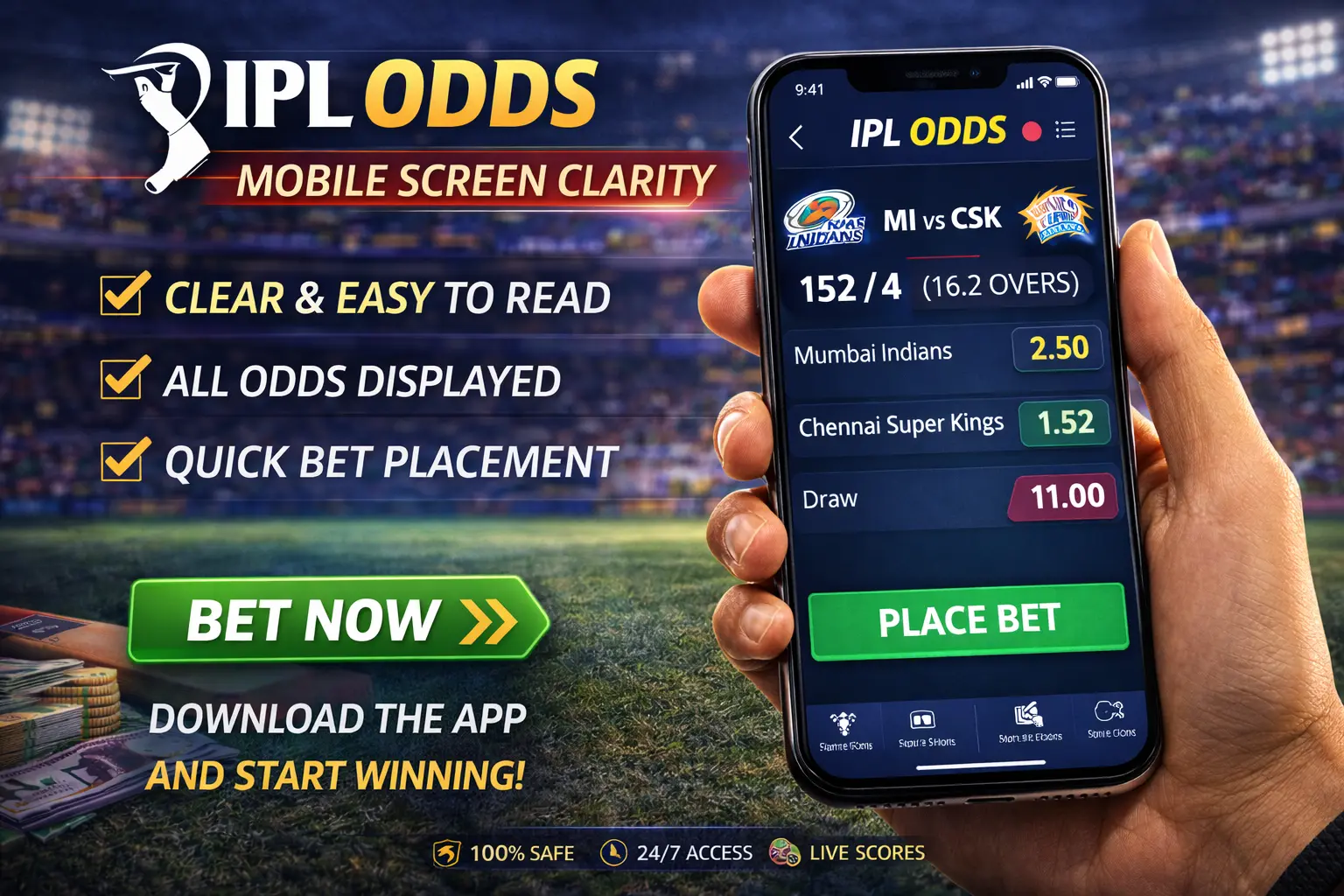 IPL odds displayed clearly on mobile screen — readable prices, favorite indicators and clean betting interface