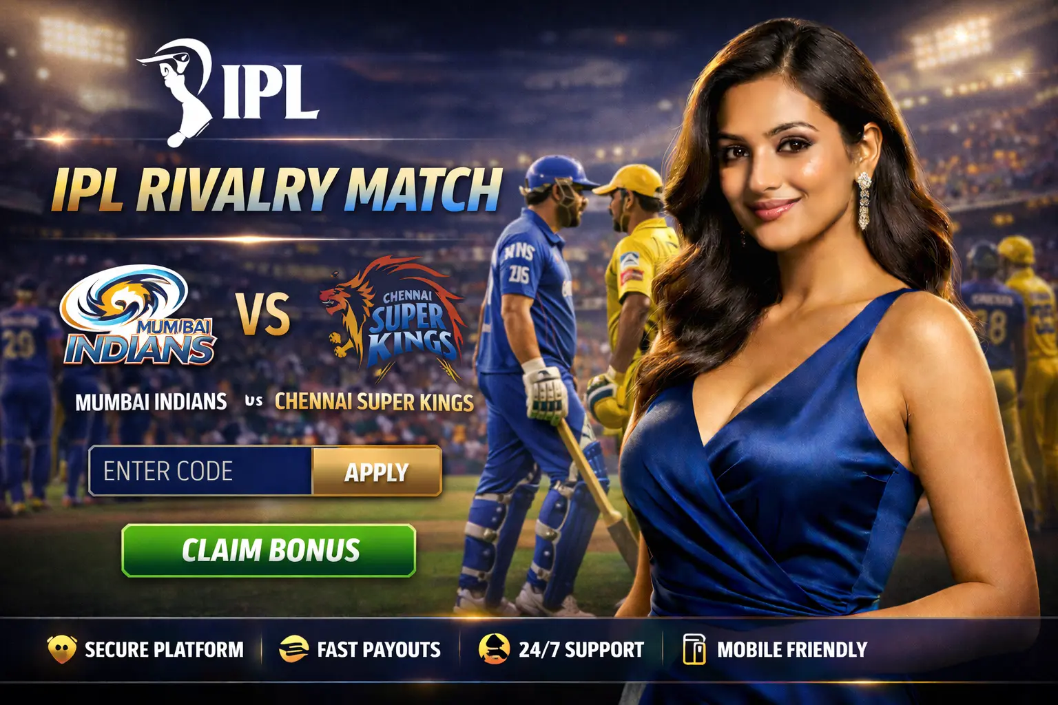 Intense IPL rivalry match atmosphere with split crowd — CSK vs MI, RCB vs CSK, RCB vs MI betting tips