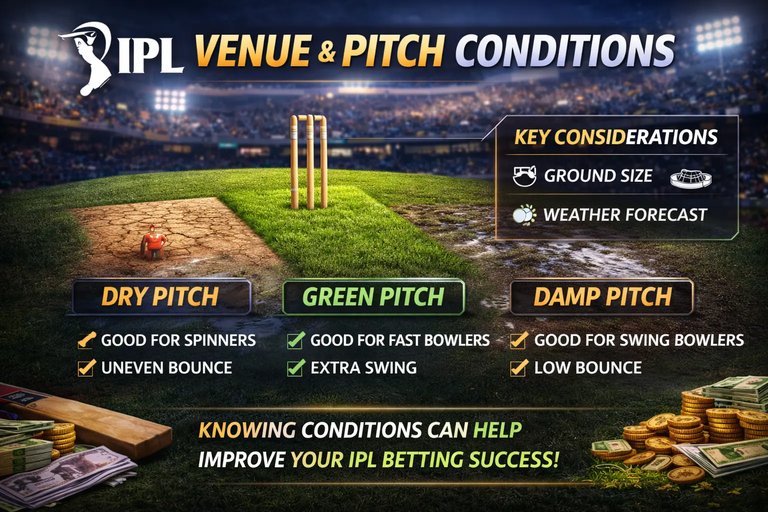 IPL pitch and venue conditions — how ground shape, surface and weather affect cricket betting decisions